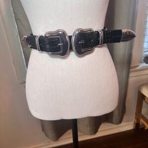 Black Double Buckle Belt with Silver Accents